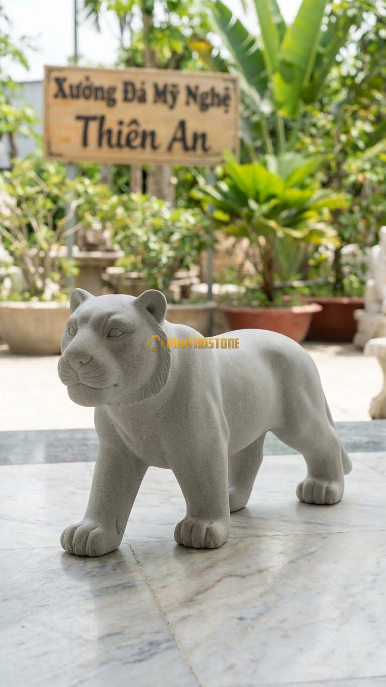 Bạch Hổ (Dáng Thon) Bằng Đá Sa Thạch, Kiểu Dáng Mài Trơn, Ít Chi Tiết Rườm Rà. Kích Thước Dài 30cm.