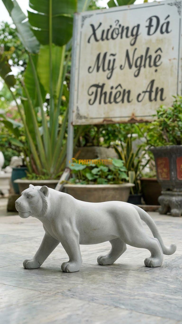 Bạch Hổ (Dáng Thon) Bằng Đá Sa Thạch, Kiểu Dáng Mài Trơn, Ít Chi Tiết Rườm Rà. Kích Thước Dài 30cm.