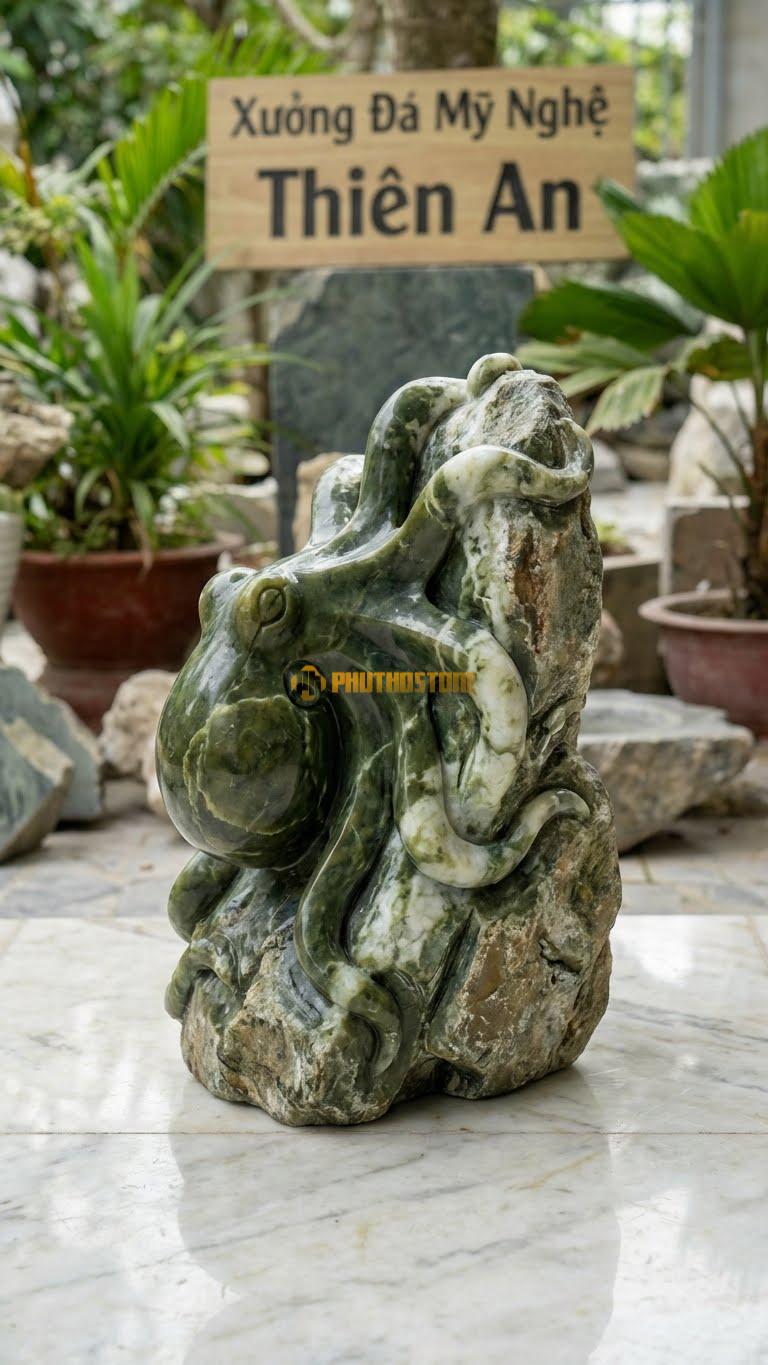 Bạch Tuộc Bám Đá Bằng Đá Serpentine, Kiểu Dáng Xúc Tu Bám Chặt Vào Hòn Đá Tự Nhiên. Kích Thước Rộng 30cm.
