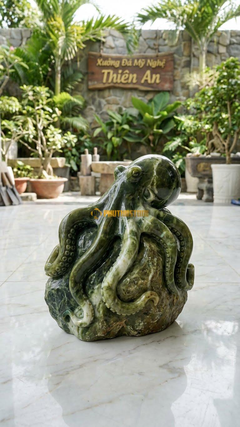 Bạch Tuộc Bám Đá Bằng Đá Serpentine, Kiểu Dáng Xúc Tu Bám Chặt Vào Hòn Đá Tự Nhiên. Kích Thước Rộng 30cm.