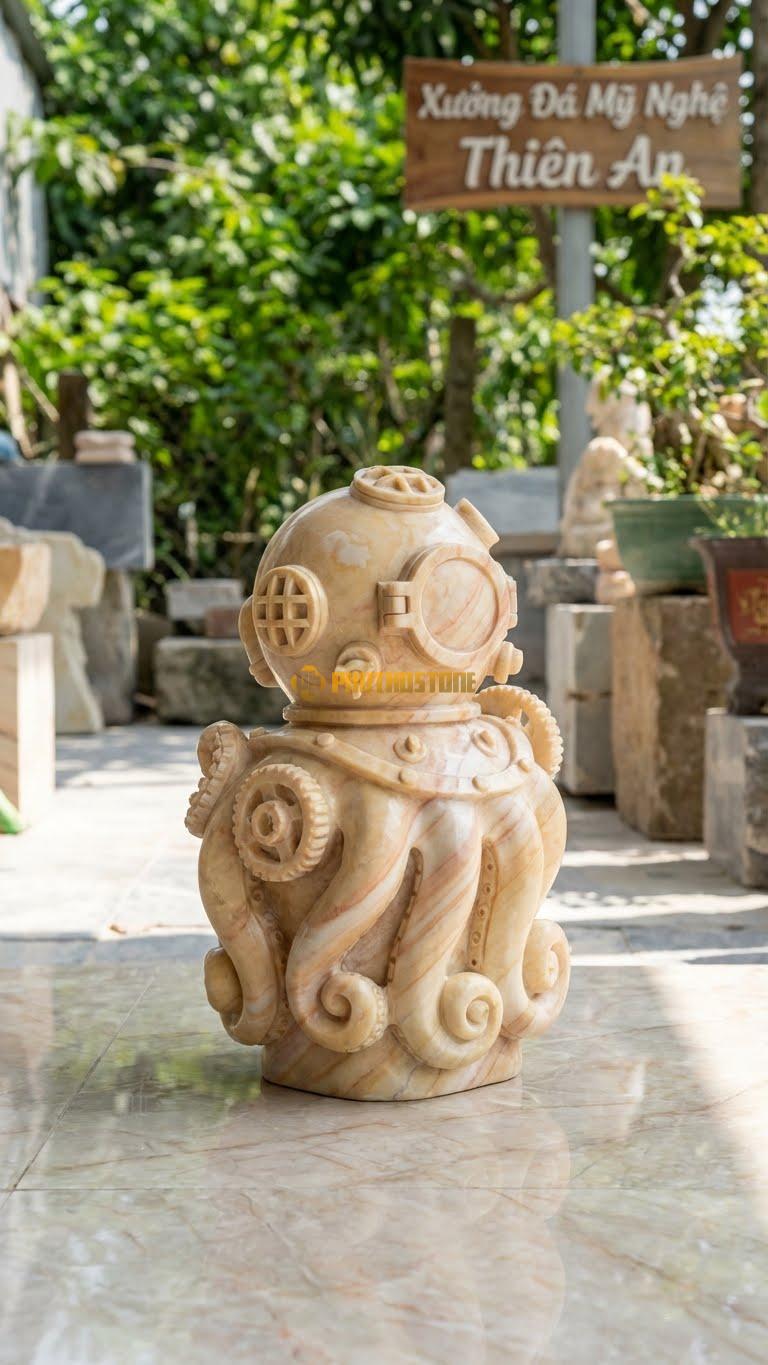 Bạch Tuộc Đội Mũ Thợ Lặn Bằng Đá Vàng Nghệ An, Kiểu Dáng Phong Cách Steampunk. Kích Thước Cao 25cm.