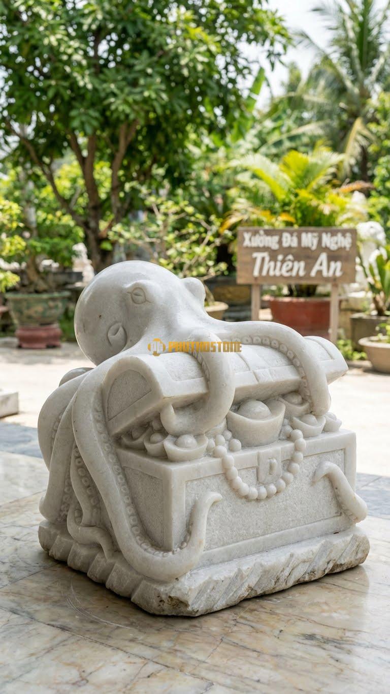 Bạch Tuộc Giữ Kho Báu Bằng Đá Trắng Muối, Kiểu Dáng Xúc Tu Quấn Rương Vàng/Ngọc. Kích Thước Rộng 40cm.