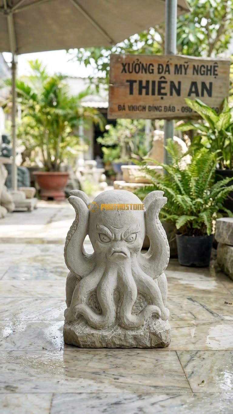 Bạch Tuộc Kraken Bằng Đá Sa Thạch, Kiểu Dáng Dáng Dữ Tợn, Xúc Tu Vươn Cao. Kích Thước Cao 35cm.