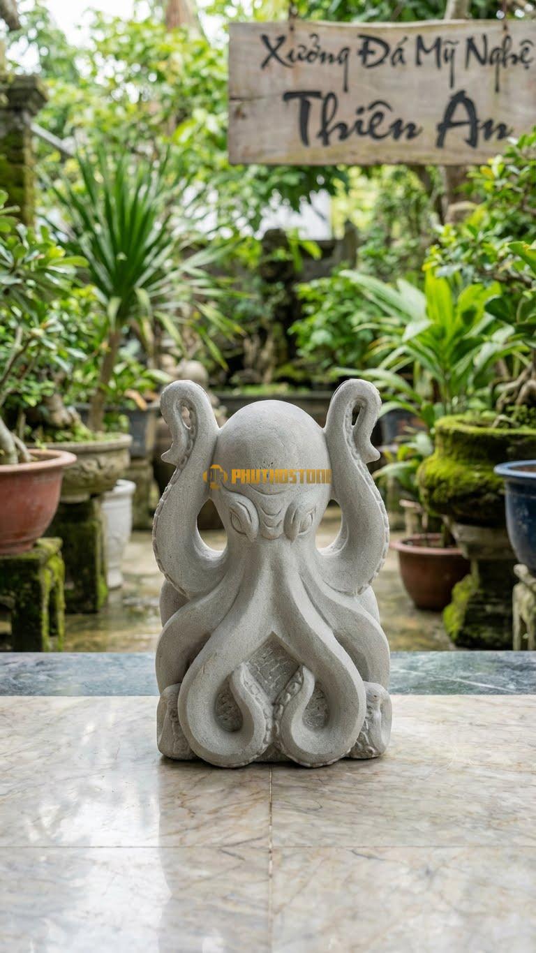 Bạch Tuộc Kraken Bằng Đá Sa Thạch, Kiểu Dáng Dáng Dữ Tợn, Xúc Tu Vươn Cao. Kích Thước Cao 35cm.