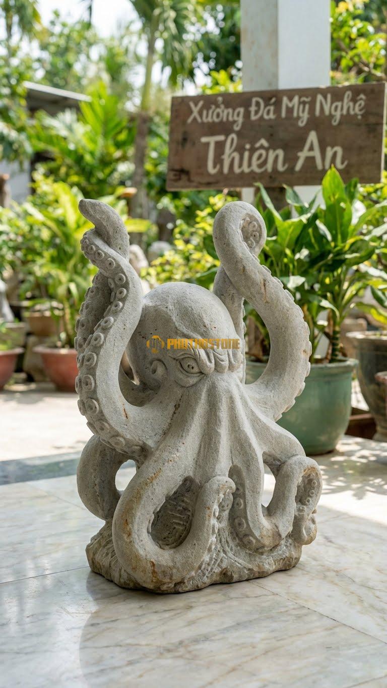 Bạch Tuộc Kraken Bằng Đá Sa Thạch, Kiểu Dáng Dáng Dữ Tợn, Xúc Tu Vươn Cao. Kích Thước Cao 35cm.