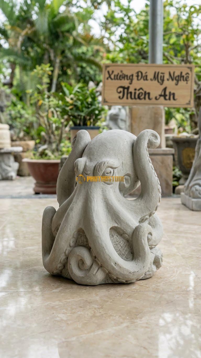 Bạch Tuộc Kraken Bằng Đá Sa Thạch, Kiểu Dáng Dáng Dữ Tợn, Xúc Tu Vươn Cao. Kích Thước Cao 35cm.