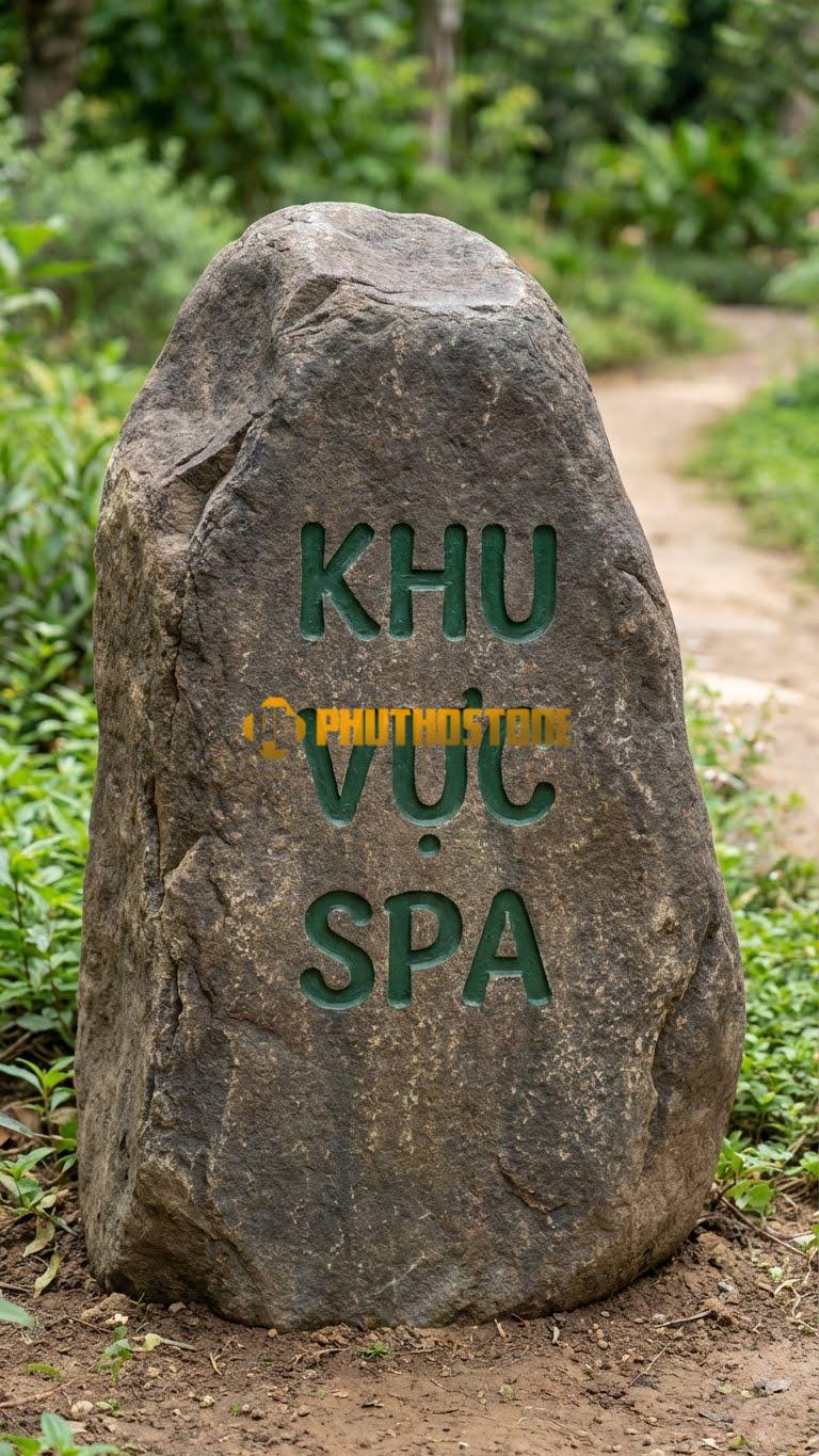 Bảng hiệu Đá cuội bo cạnh khắc ‘KHU VỰC SPA’