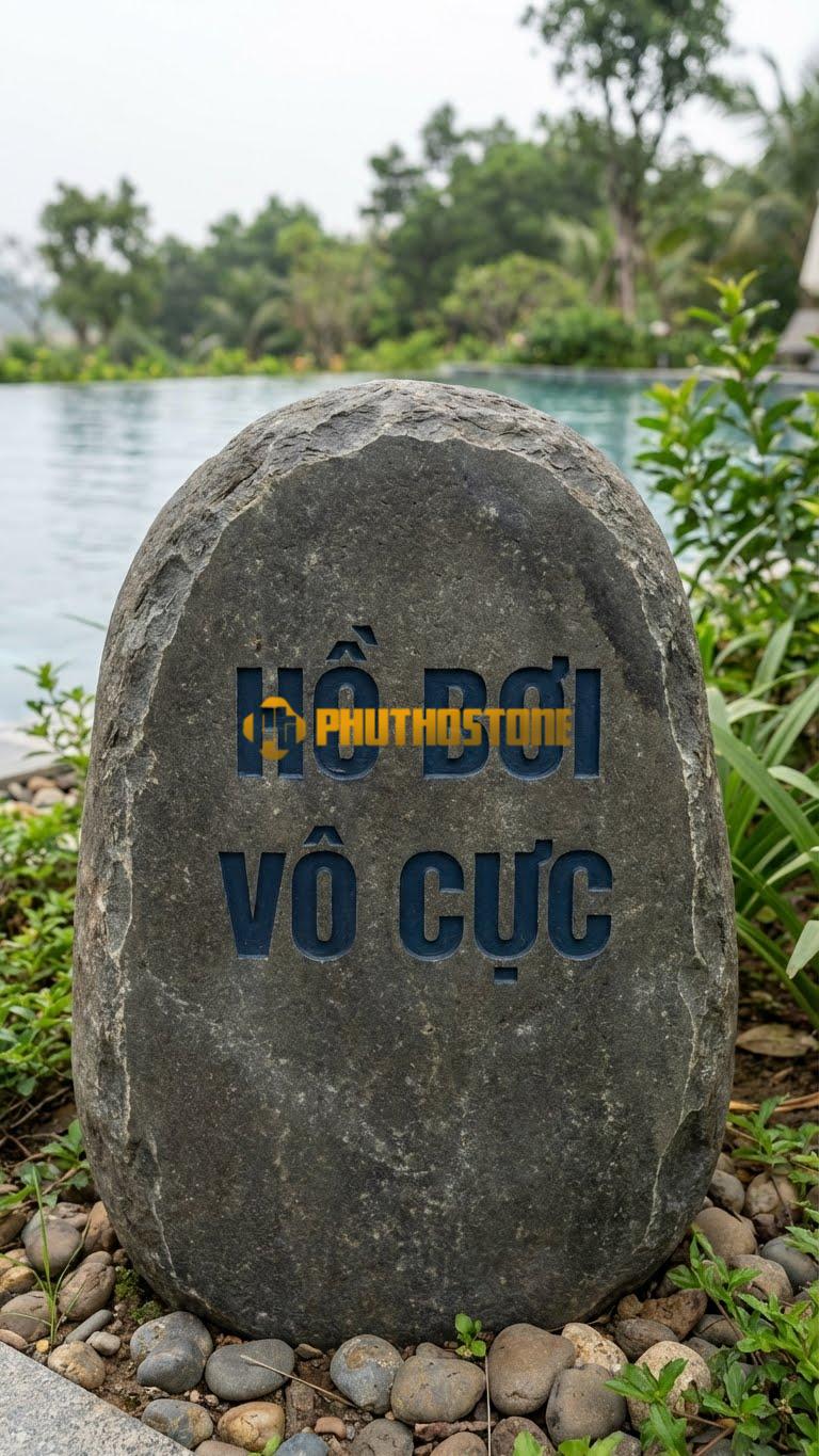 Bảng hiệu Đá cuội bo tròn khắc ‘HỒ BƠI VÔ CỰC’