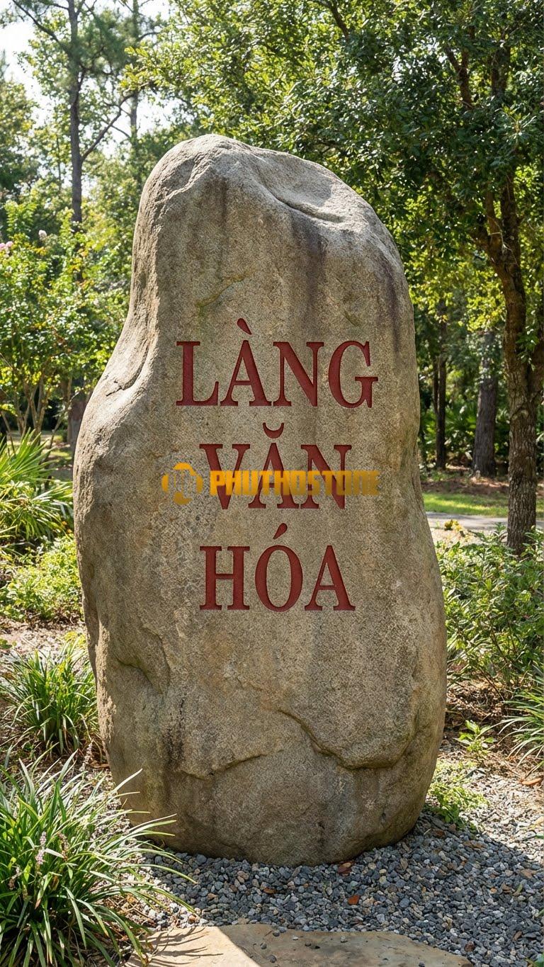 Bảng hiệu Đá cuội dáng đứng tự nhiên khắc ‘LÀNG VĂN HÓA’