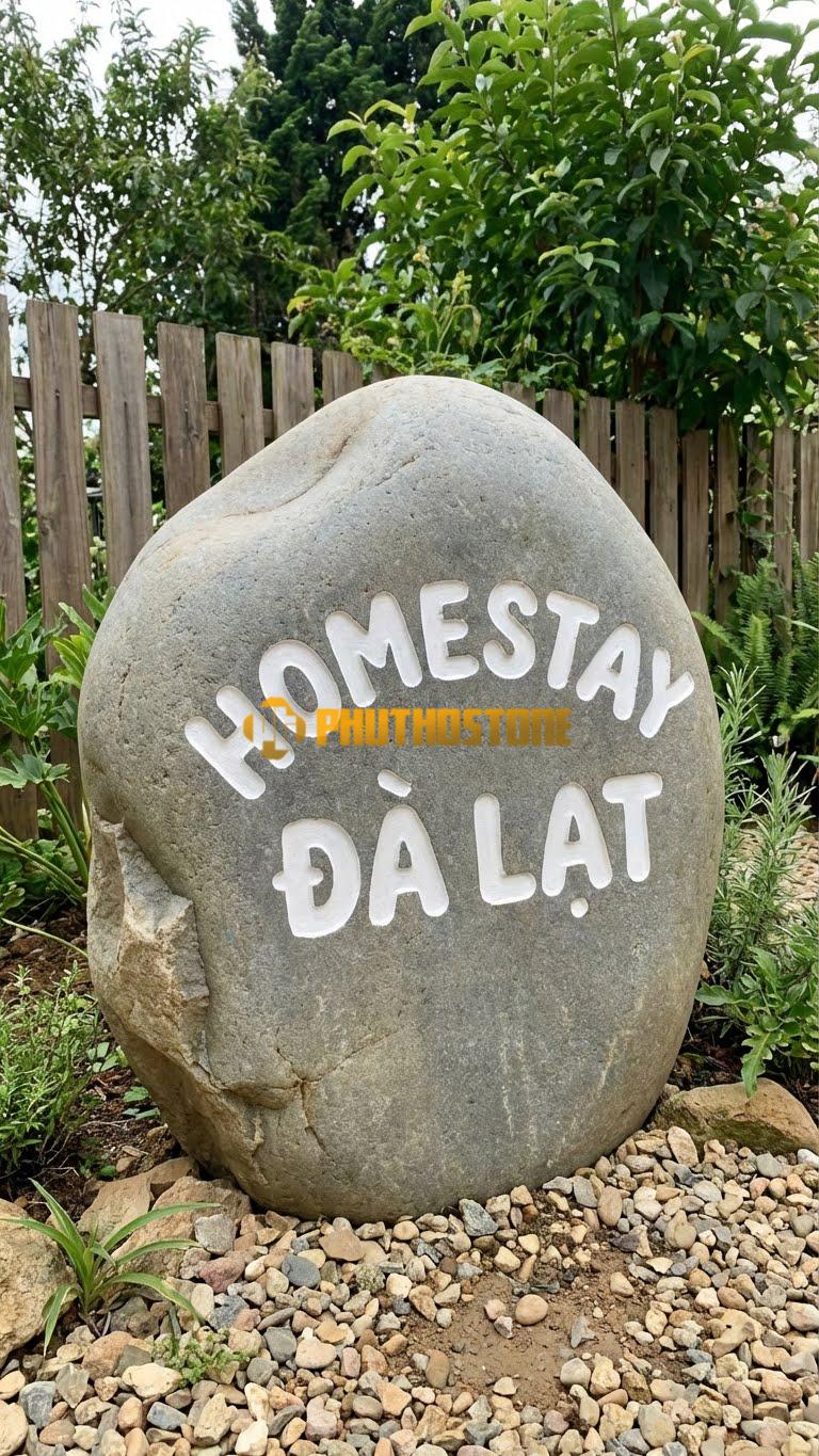 Bảng hiệu Đá cuội khắc chìm sơn trắng ‘HOMESTAY ĐÀ LẠT’