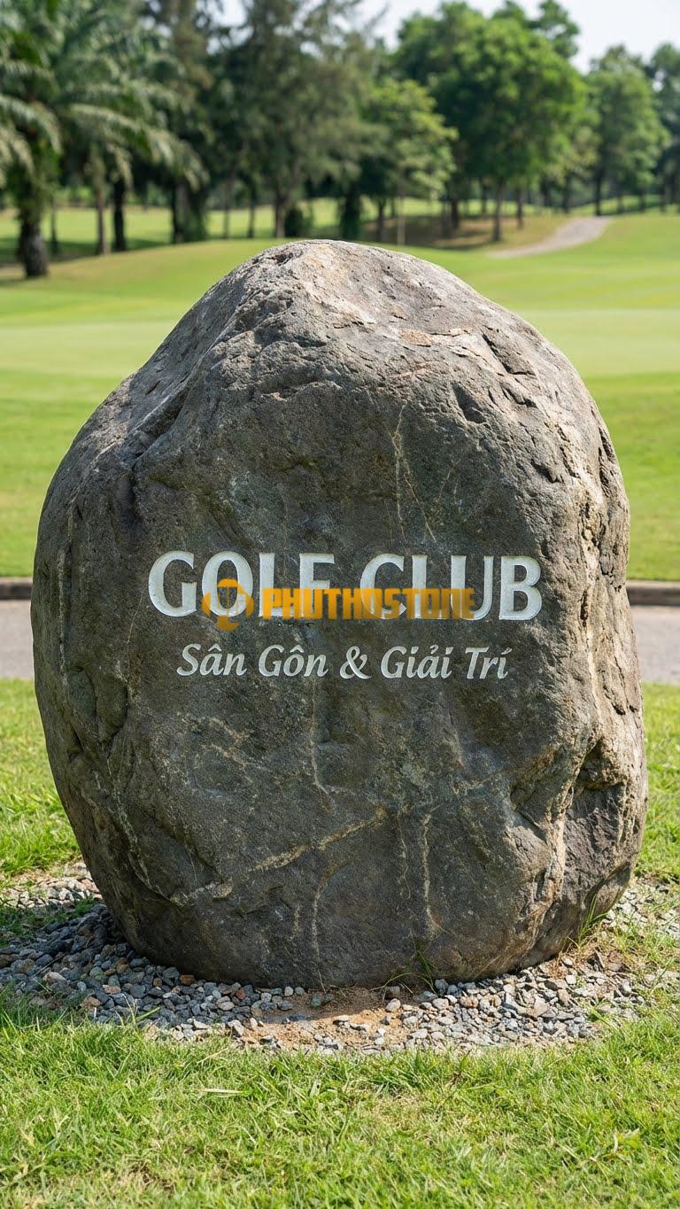 Bảng hiệu Đá cuội khắc chữ Inox trắng ‘GOLF CLUB’