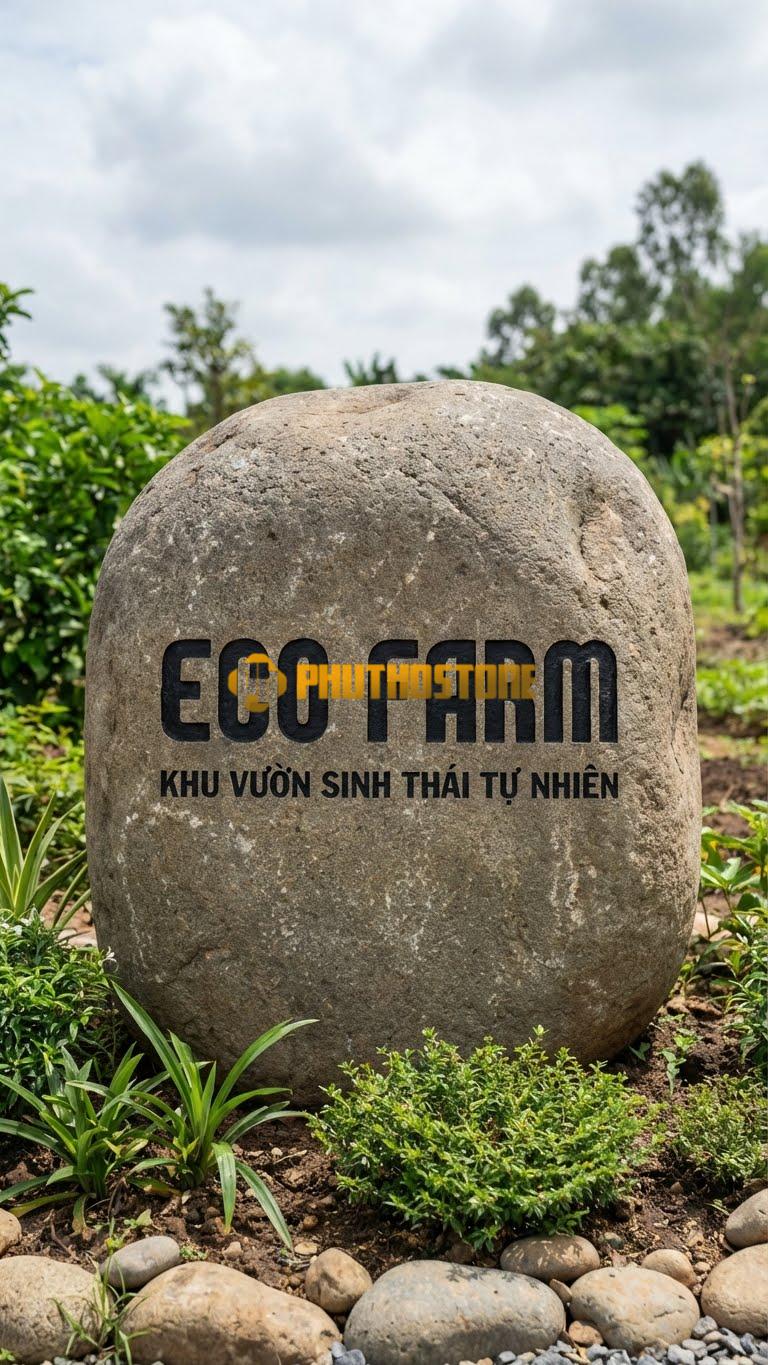 Bảng hiệu Đá cuội khắc chữ Mica đen ‘ECO FARM’