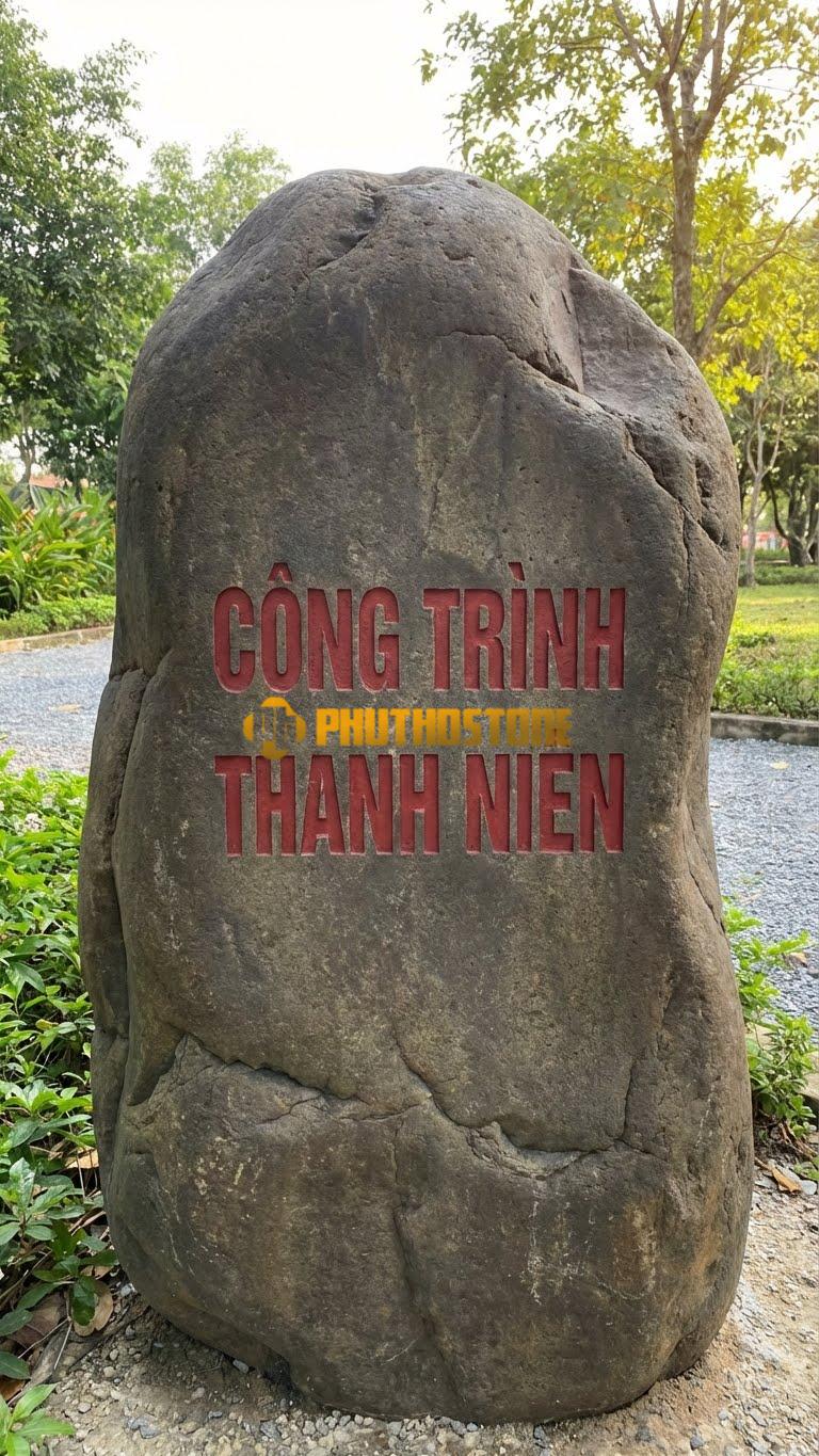 Bảng hiệu Đá cuội nguyên khối khắc ‘CÔNG TRÌNH THANH NIÊN’