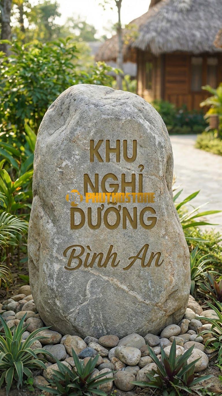 Bảng hiệu Đá cuội tự nhiên khắc ‘KHU NGHỈ DƯỠNG’