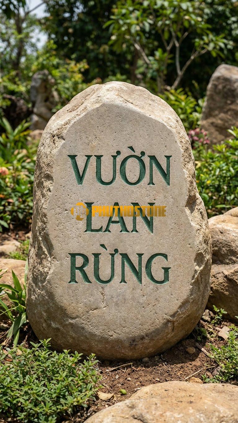Bảng hiệu Đá cuội tự nhiên khắc ‘VƯỜN LAN RỪNG’