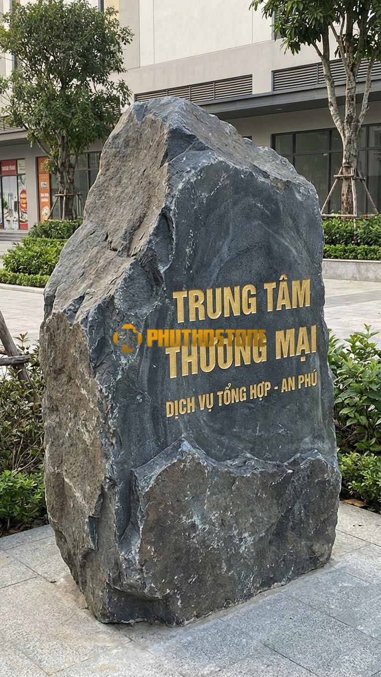 Bảng hiệu đá đen bo góc khắc ‘TRUNG TÂM THƯƠNG MẠI’