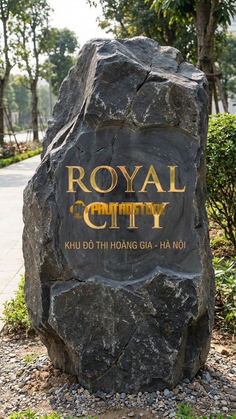 Bảng hiệu đá đen khắc chữ Inox vàng gương ‘ROYAL CITY’