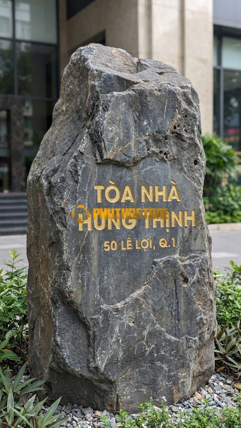 Bảng hiệu đá đen nguyên khối dày 50cm cho Tòa nhà Building