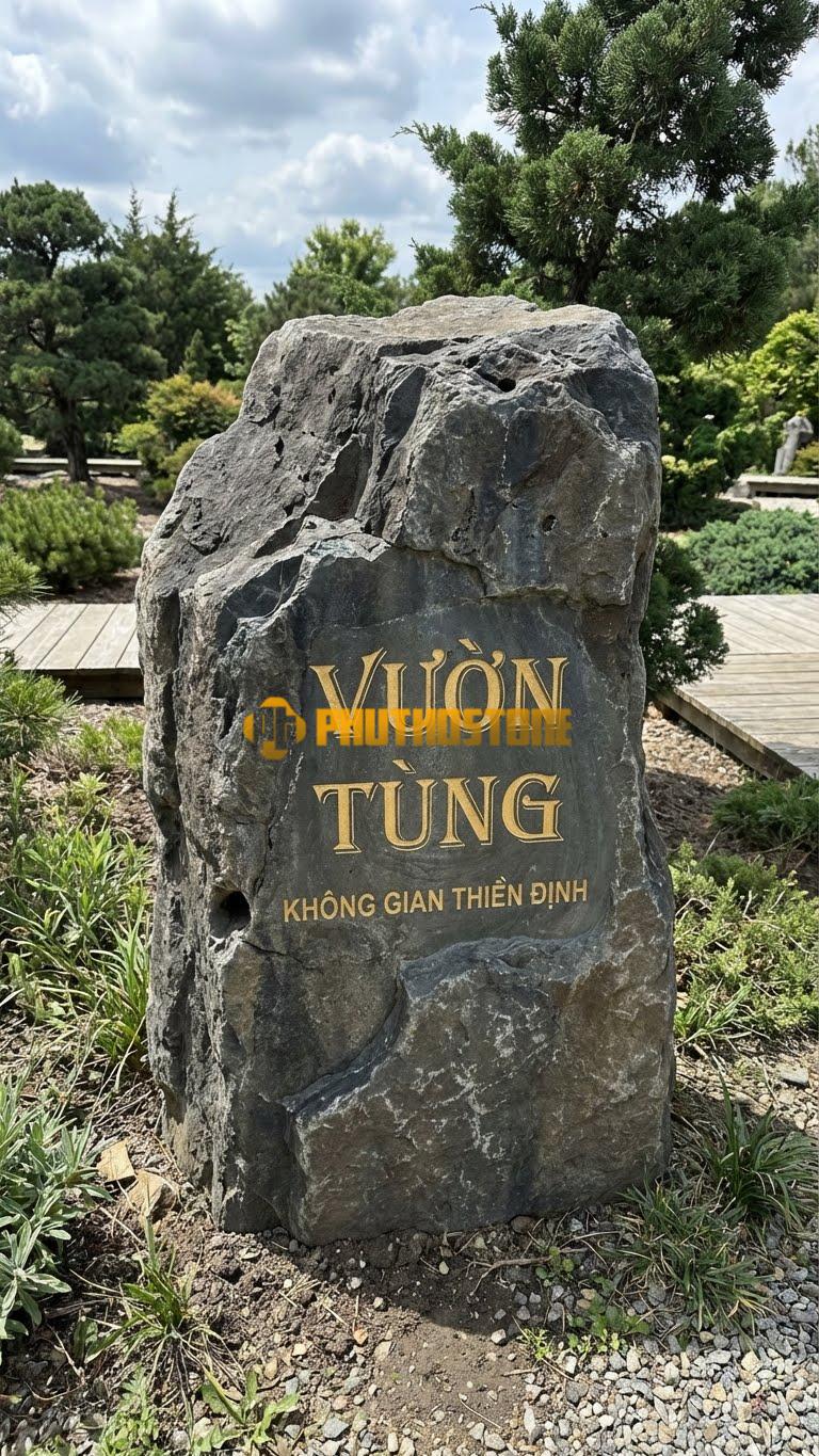 Bảng hiệu đá đen tự nhiên khắc ‘VƯỜN TÙNG’
