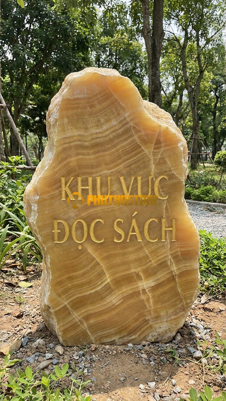 Bảng hiệu đá vân gỗ Hoà Bình bo tròn khắc ‘KHU VỰC ĐỌC SÁCH’