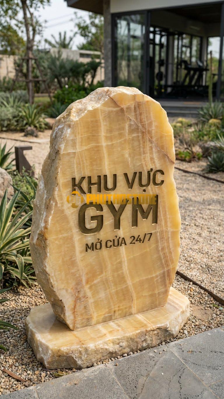 Bảng hiệu đá vân gỗ Hoà Bình bo tròn khắc ‘KHU VỰC GYM’