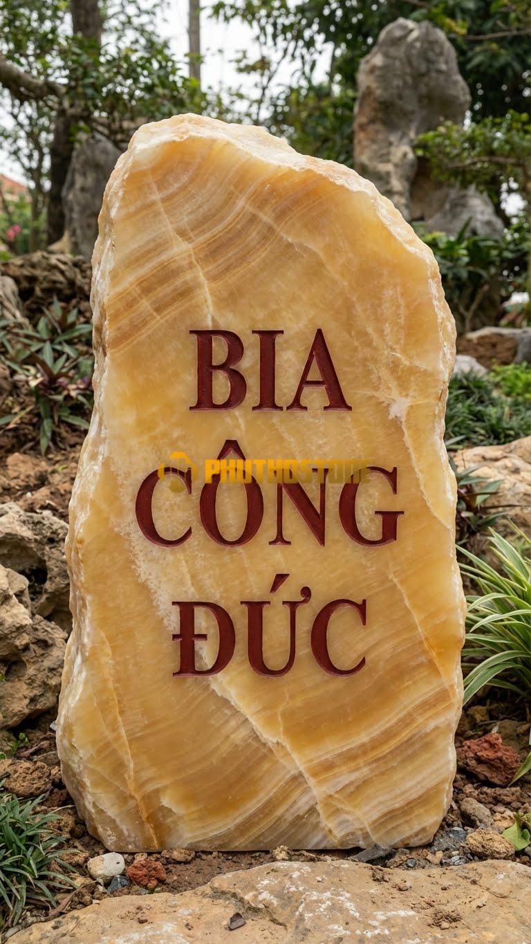Bảng hiệu đá vân gỗ Hoà Bình nguyên khối khắc ‘BIA CÔNG ĐỨC’