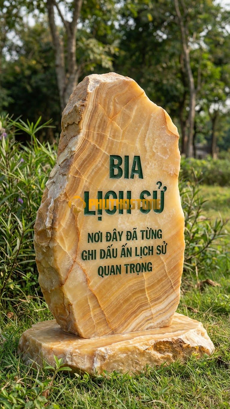 Bảng hiệu đá vân gỗ Hoà Bình nguyên khối khắc ‘BIA LỊCH SỬ’