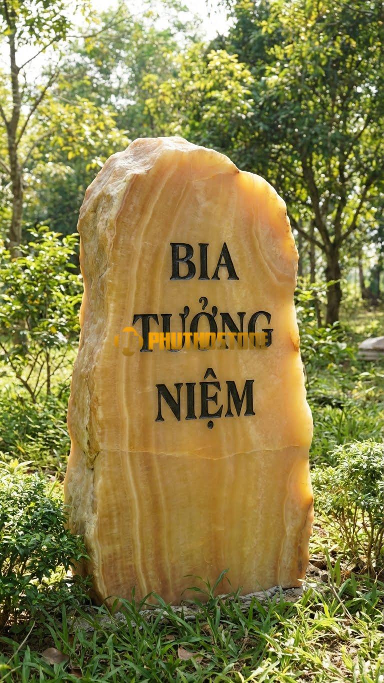 Bảng hiệu đá vân gỗ Hoà Bình nguyên khối khắc ‘BIA TƯỞNG NIỆM’