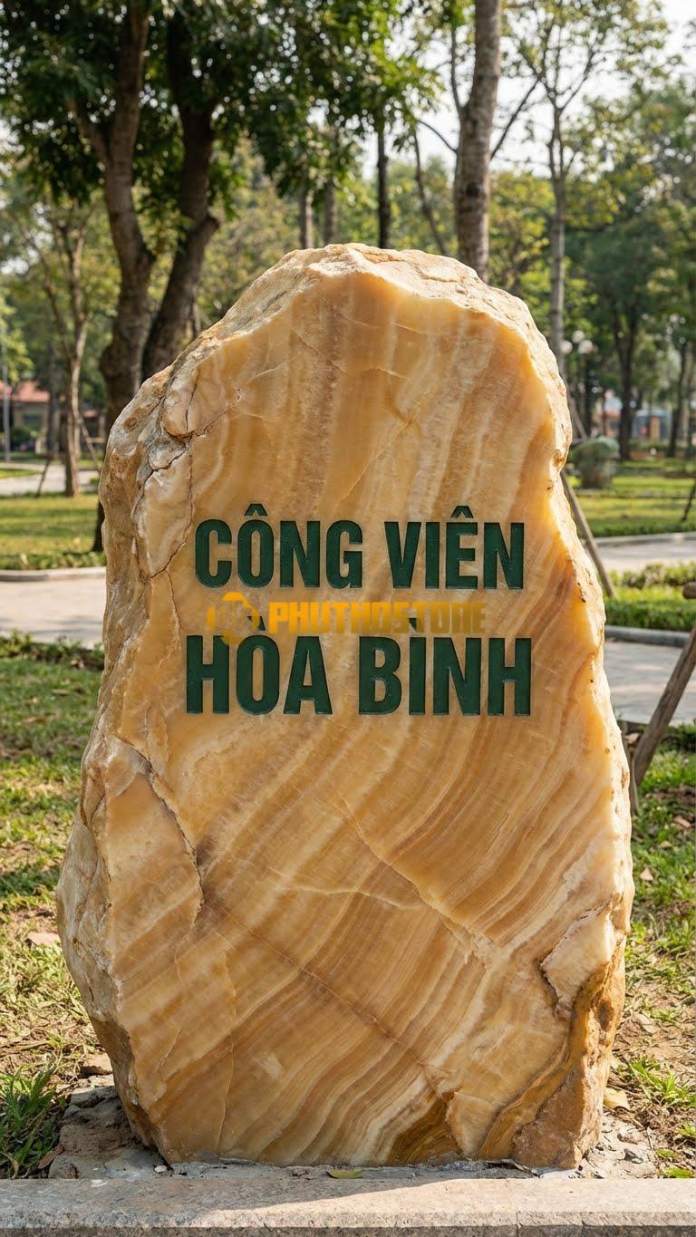 Bảng hiệu đá vân gỗ Hoà Bình nguyên khối khắc ‘CÔNG VIÊN HÒA BÌNH’