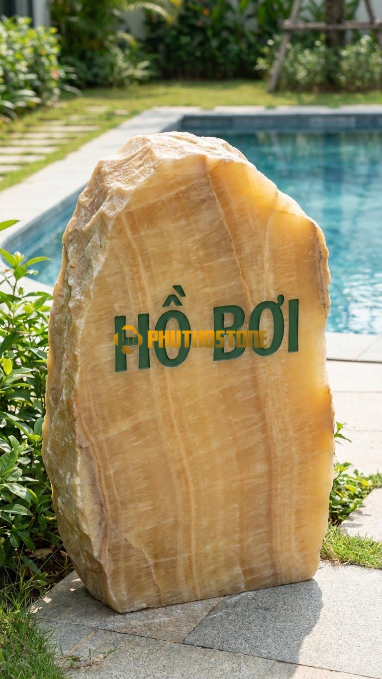 Bảng hiệu đá vân gỗ Hoà Bình nguyên khối khắc ‘HỒ BƠI’