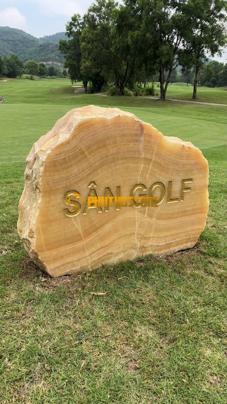 Bảng hiệu đá vân gỗ Hoà Bình nguyên khối khắc ‘SÂN GOLF’