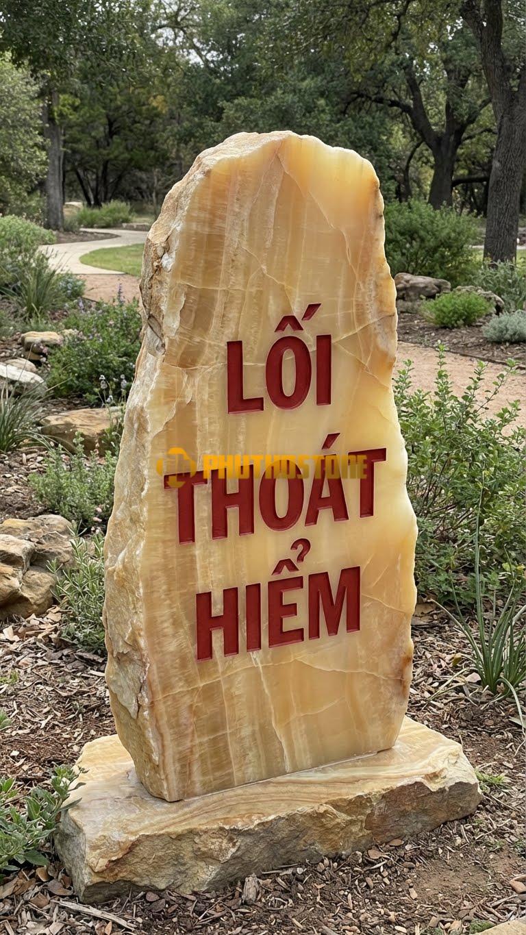 Bảng hiệu đá vân gỗ Hoà Bình tự nhiên khắc ‘LỐI THOÁT HIỂM’