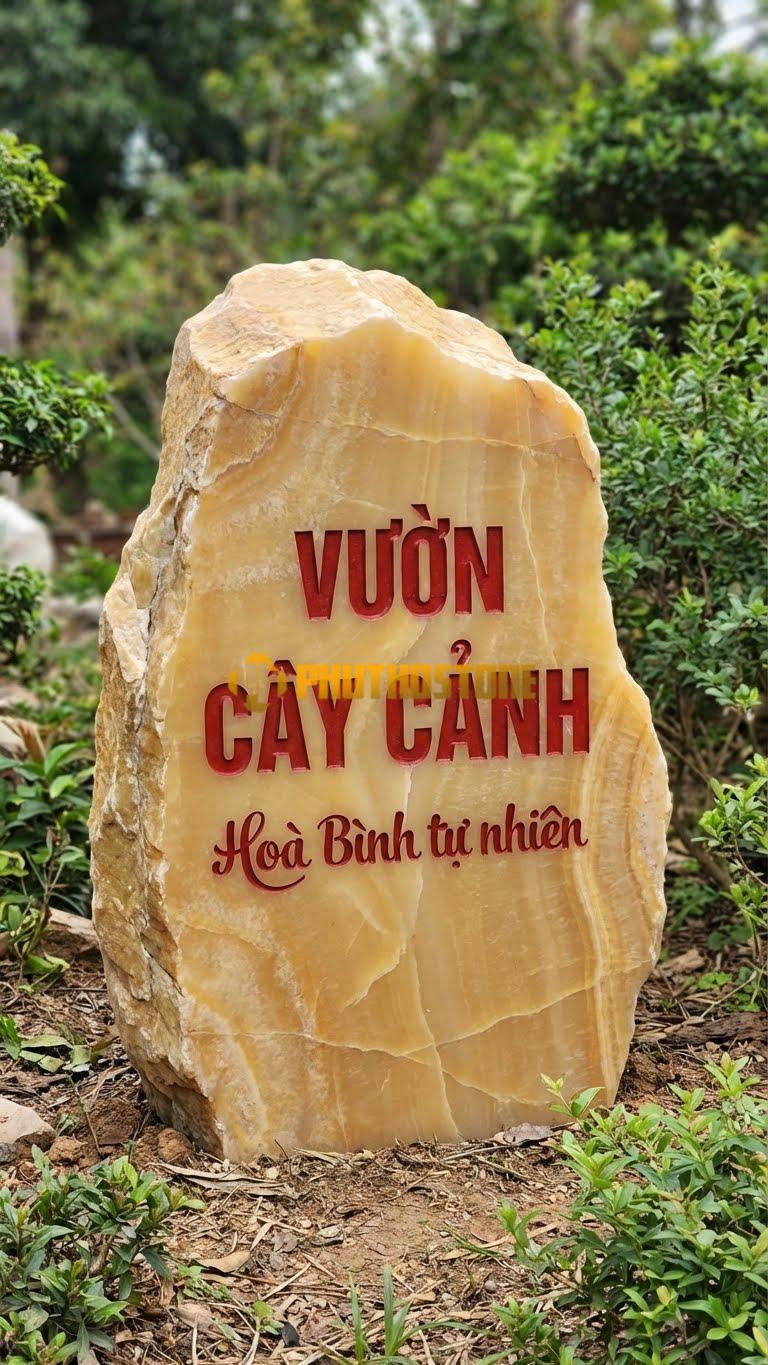 Bảng hiệu đá vân gỗ Hoà Bình tự nhiên khắc ‘VƯỜN CÂY CẢNH’