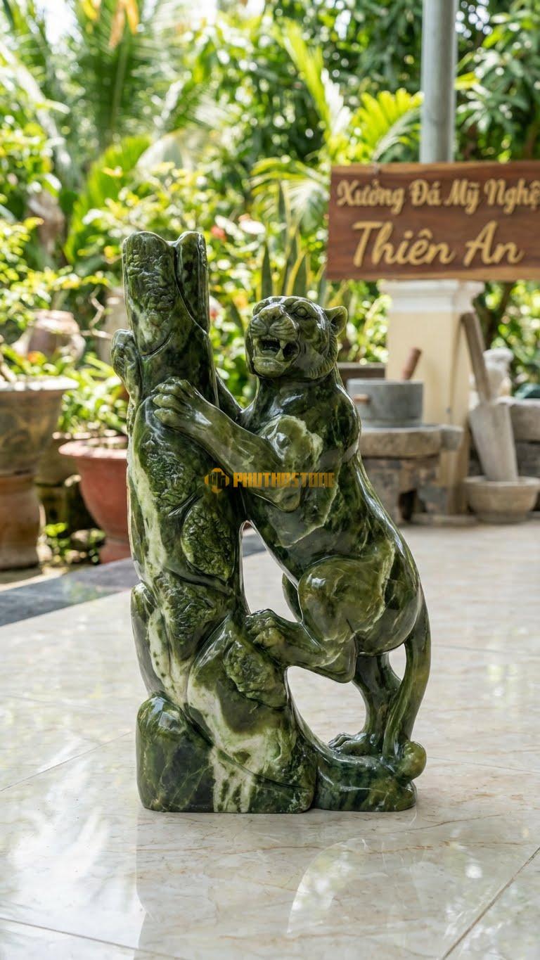 Báo Leo Cây Bằng Đá Serpentine, Kiểu Dáng Bám Trên Cột Đá/Gỗ. Kích Thước Cao 50cm.