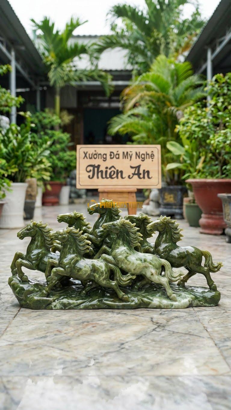 Bát Mã (Phù Điêu) Bằng Đá Serpentine, Kiểu Dáng 8 Con Ngựa Trên Tấm Đá. Kích Thước Dài 60cm.