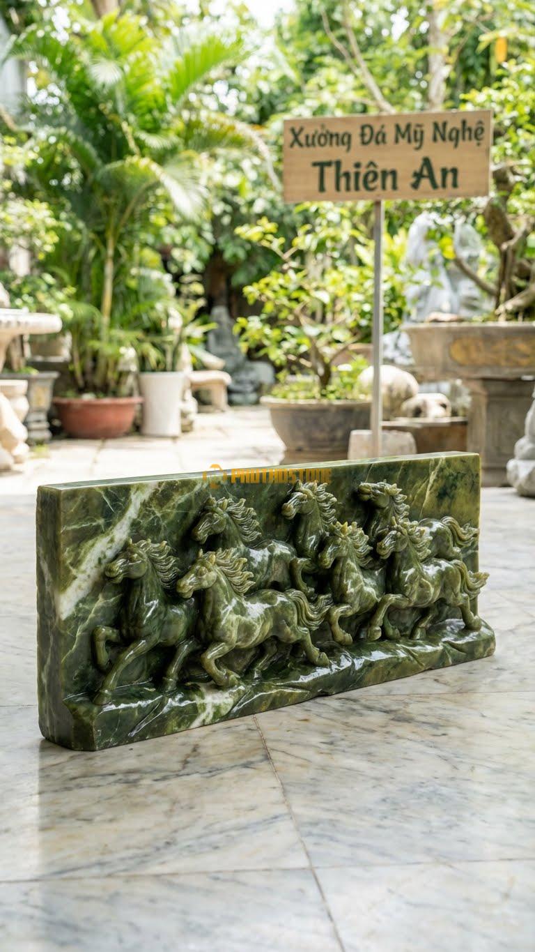 Bát Mã (Phù Điêu) Bằng Đá Serpentine, Kiểu Dáng 8 Con Ngựa Trên Tấm Đá. Kích Thước Dài 60cm.