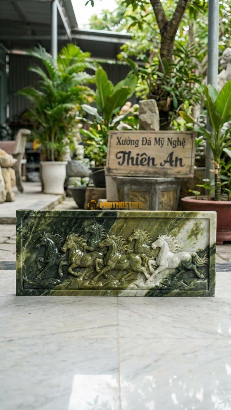 Bát Mã (Phù Điêu) Bằng Đá Serpentine, Kiểu Dáng 8 Con Ngựa Trên Tấm Đá. Kích Thước Dài 60cm.