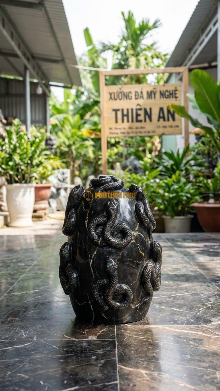 Bát Xà Bằng Đá Đen Chỉ Nâu, Kiểu Dáng 8 Con Rắn Nhỏ Quấn Vào Nhau. Kích Thước Cao 25cm.