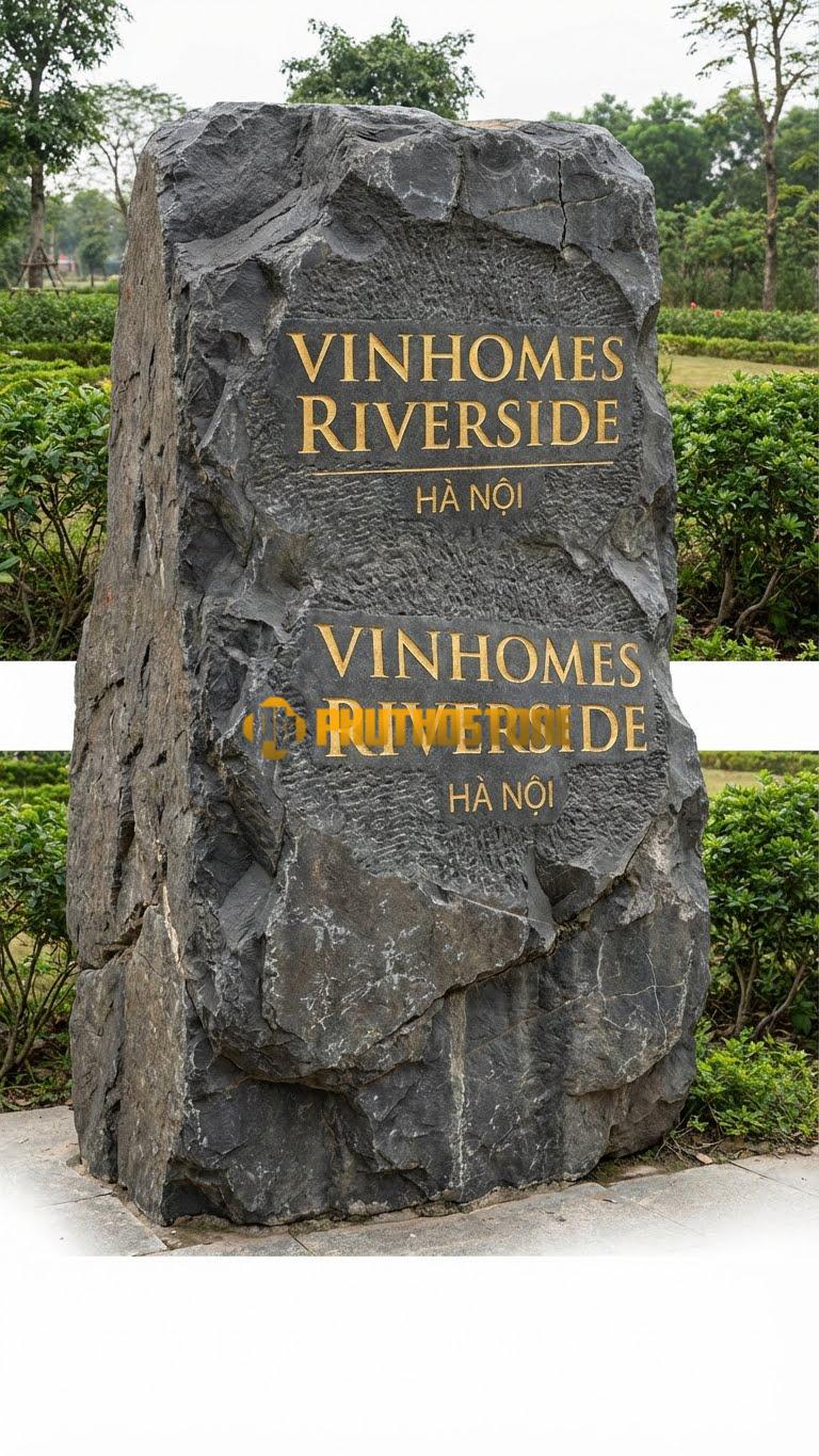 Biển đá đen dáng khối lập phương khắc ‘VINHOMES RIVERSIDE’