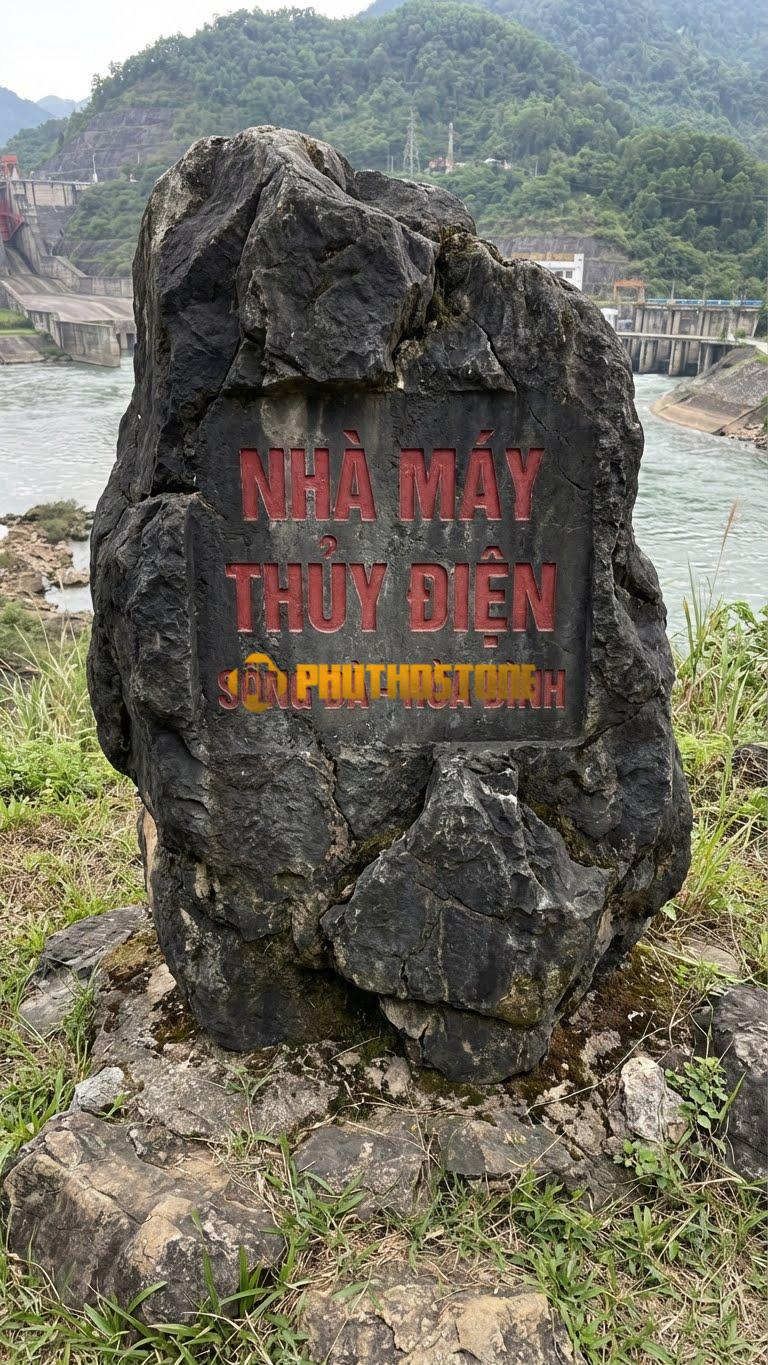 Biển đá đen khắc tên ‘NHÀ MÁY THỦY ĐIỆN’