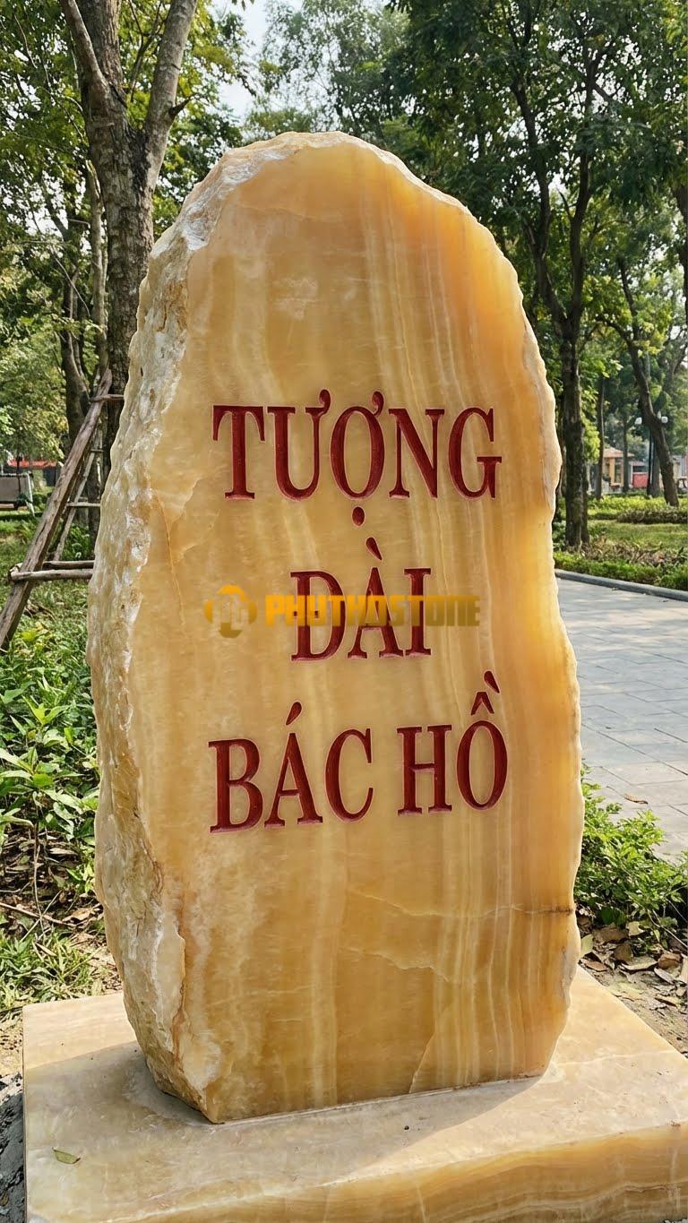 Biển đá vân gỗ Hoà Bình dáng đứng khắc ‘TƯỢNG ĐÀI BÁC HỒ’