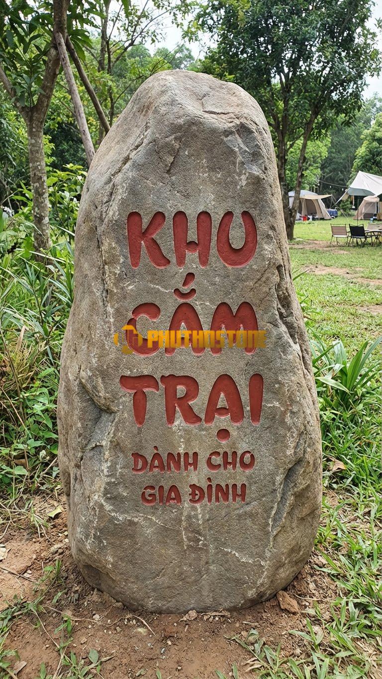 Biển hiệu Đá cuội bo tròn cạnh khắc ‘KHU CẮM TRẠI’