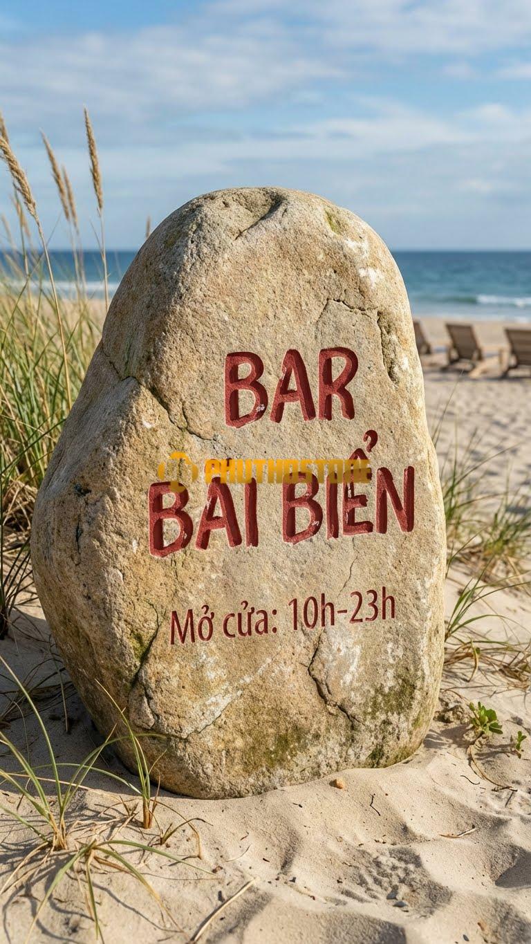 Biển hiệu Đá cuội khắc chữ Mica đèn Led ‘BAR BÃI BIỂN’