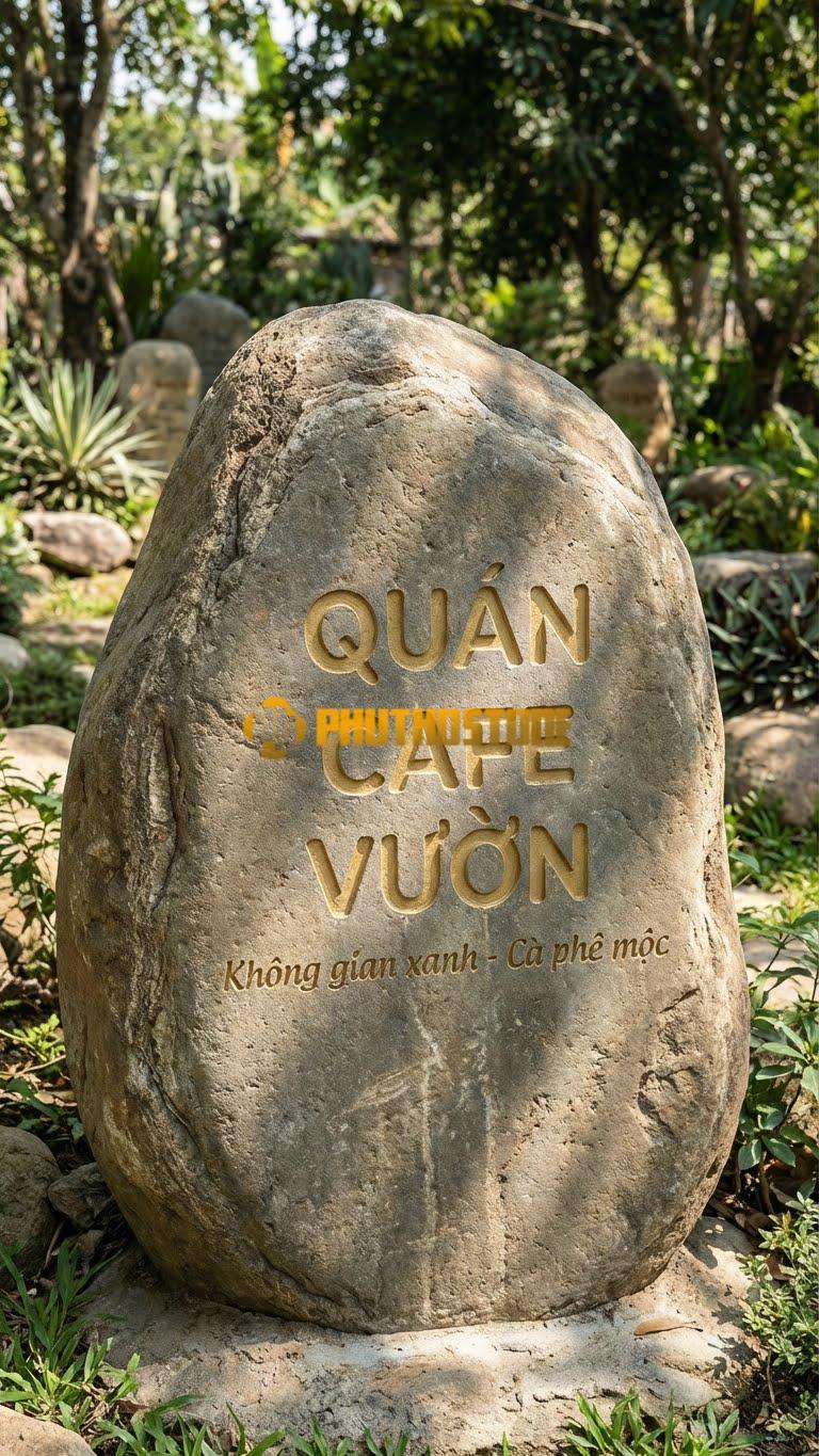 Biển hiệu Đá cuội khắc chữ Mica ‘QUÁN CAFE VƯỜN’