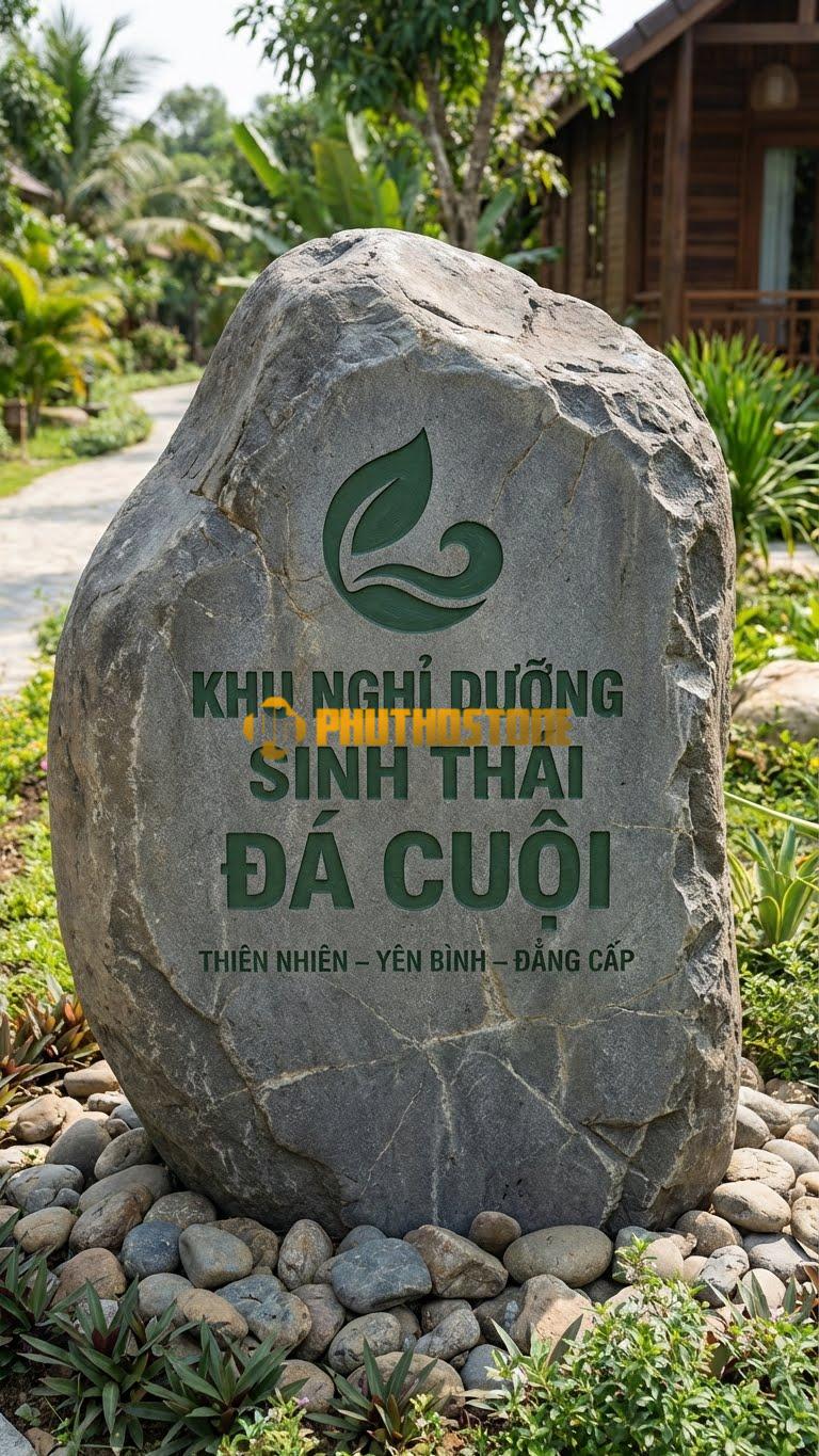 Biển hiệu Đá cuội mặt cắt phẳng khắc Logo Resort