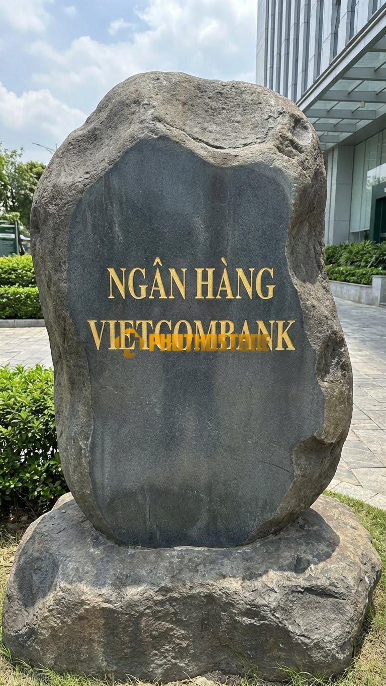 Biển hiệu đá đen bo tròn cạnh khắc ‘NGÂN HÀNG VIETCOMBANK’