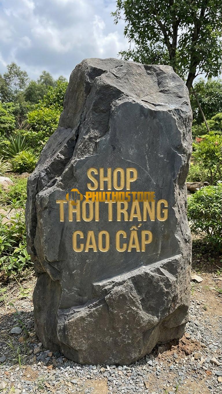Biển hiệu đá đen khắc chữ Inox trắng ‘SHOP THỜI TRANG CAO CẤP’