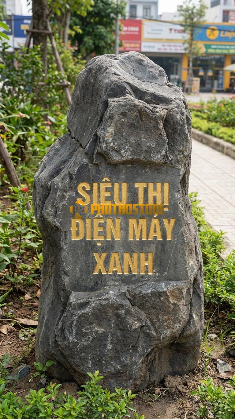 Biển hiệu đá đen khắc chữ nổi ‘SIÊU THỊ ĐIỆN MÁY XANH’