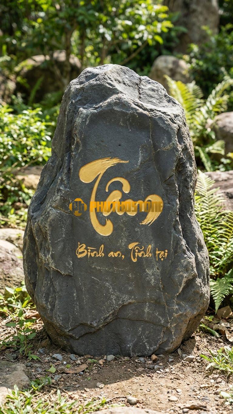Biển hiệu đá đen khắc chữ thư pháp ‘TÂM’