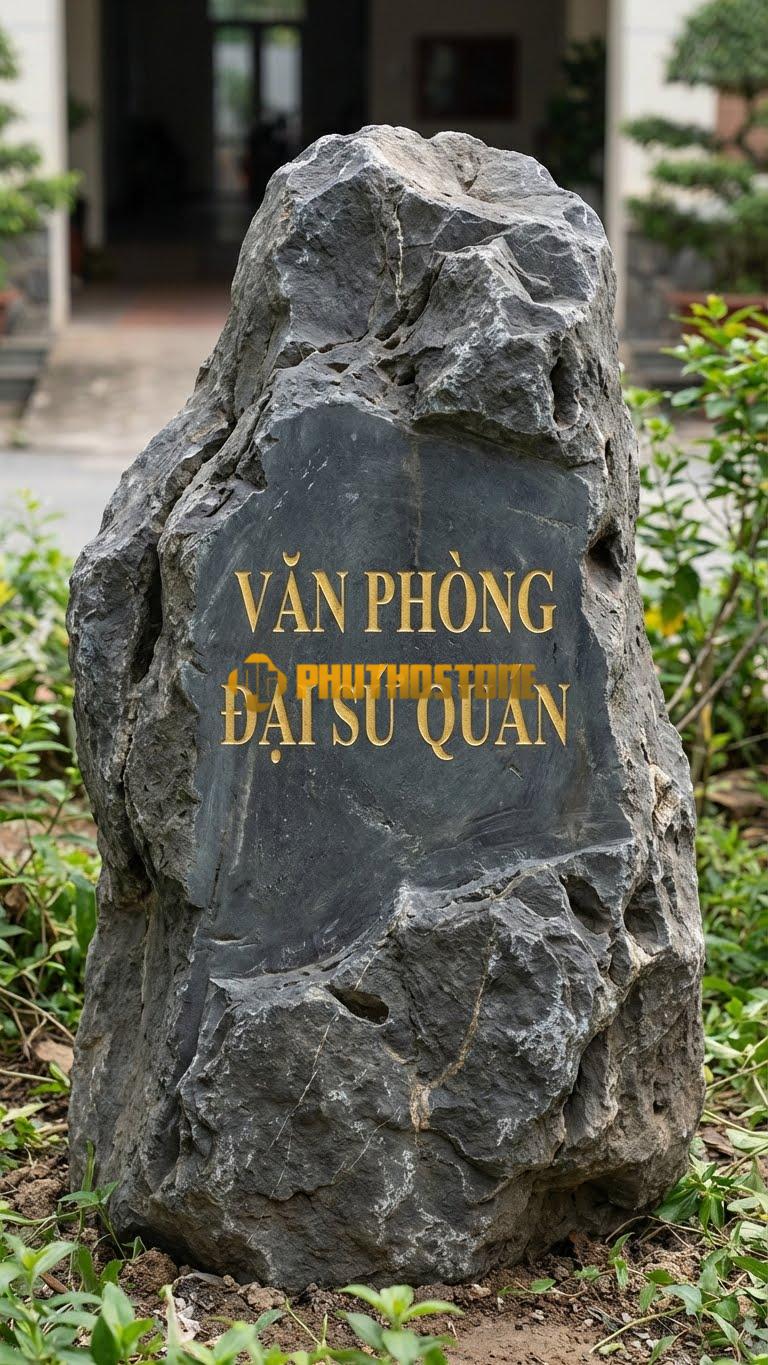 Biển hiệu đá đen mài bóng khắc ‘VĂN PHÒNG ĐẠI SỨ QUÁN’
